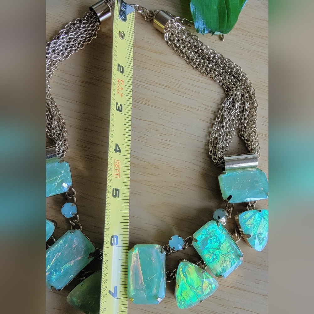 Foiled Iridescent Green & Gold Tone  Statement Necklace. - Picture 7 of 7